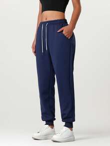 1pc Women's Thermal Lined Warm Sports Pants, Windproof & Thermal, Casual Joggers Trousers For Autumn/Winter - Navy Blue - View 3