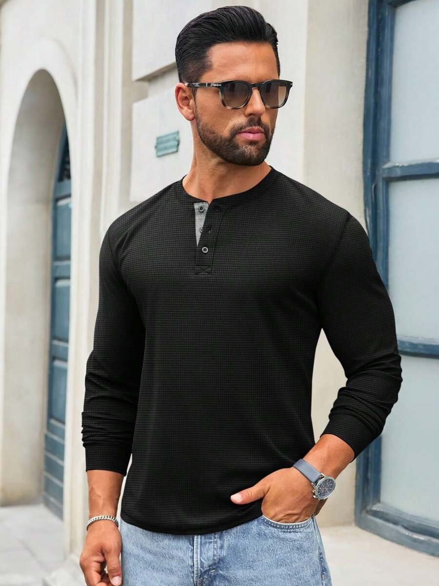 Men's Lightweight Waffle Henley Long Sleeve Shirt Casual Button Down Basic Top For Everyday Wear - 黑色 - 查看 1