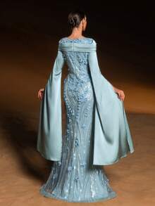 Elisanya 优雅美人鱼晚礼服，饰有3D立体花卉贴花、亮片和串珠，修身剪裁，从腰部延伸至膝盖，蓬松的薄纱裙摆，适合婚礼、正式晚宴、晚间活动和情人节派对等场合。 - 青碧色 - 查看 3