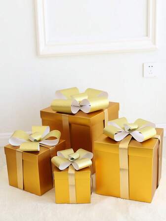 4pcs Gold-Color Christmas Red Bow Ribbon Decor Gift Box, Suitable For Photography, Party, Gift Packaging, Backdrop Decoration Home Decor Christmas Decorations Room Decor Winter Christmas Decorations Home Christmas Gifts Christmas Decor