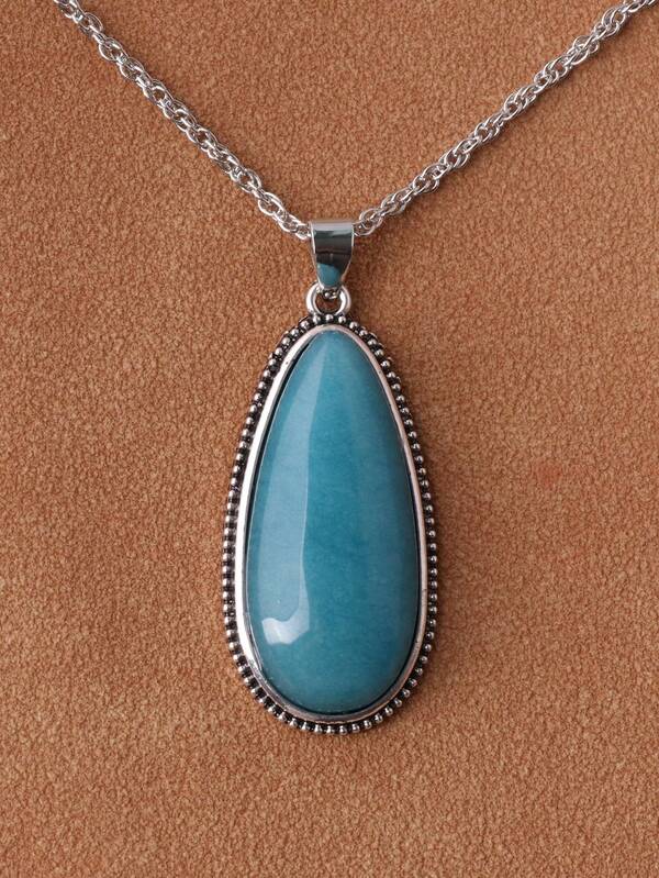 1pc Vintage Purple-Red Teardrop Pendant Necklace, Faux Stone Pendant Necklace, 5 Colors Available