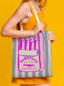 Fashionable Sardine Print Canvas Bag, Sardine Themed, Unisex Large Capacity Shoulder Bag, Shopping Bag, Lightweight Travel Luggage Bag, Reusable Student Commuter Canvas Bag, Suitable As Birthday Gift For Family And Friends - Multicolor - View 18