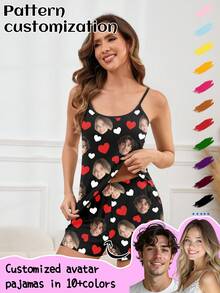 Customized Women's Camisole Pajama Set, Featuring Unique Large Portrait Photo, Couple Face Replacement, Festive Atmosphere - Multicolor - View 1