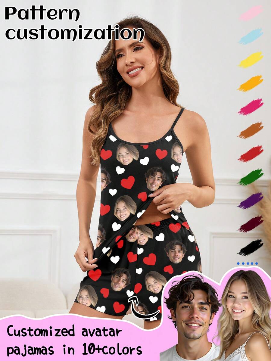 Customized Women's Camisole Pajama Set, Featuring Unique Large Portrait Photo, Couple Face Replacement, Festive Atmosphere - Multicolor - View 1