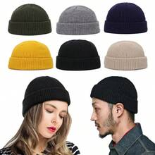 1PC Men Mini Short Fisherman Beanie Hat Winter Warm Knitted Ribbed Docker Skull Cap - Navy Blue - View 2