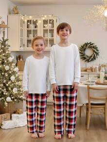 Family Matching Christmas Pajama Set, Solid Color Long Sleeve Tops And Plaid Pants Sleepwear Outfits - White - View 5