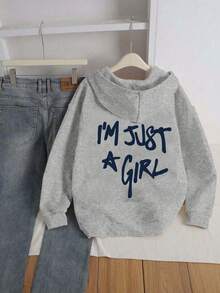 Áo sweatshirt nữ cỡ lớn in chữ "I'M JUST A GIRL" thời trang thu đông, áo sweatshirt in họa tiết, áo sweatshirt rộng rãi thoải mái mùa thu và đông, mùa thu, Lễ Tạ ơn, Giáng sinh, Lễ Tạ ơn - Màu Xám nhạt - Xem 3