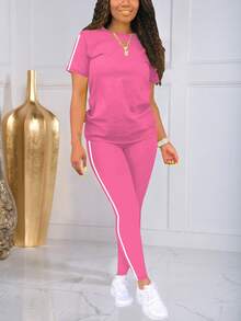 2pcs Striped Round Neck Short Sleeve Sports Top And Pants Set Summer Elegant - Hot Pink - View 2
