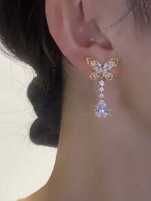 1 Pair Boho Butterfly Tassel Earrings And Stud Earrings, Butterfly Crystal Drop Earrings Gold Chandeliers Earrings Rhinestone Tassel Dangle Earrings Cz Butterfly Stud Earrings Jewelry For Women