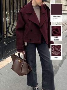 2025 Hit In Europe And America! Korean-Style Retro Slimming Coat, Set To Be Extremely Popular In Europe And The US In 2025! A Plain-Colored Design, Short And Wide-Shouldered Loose-Fitting Coat With Patterns, Suitable For Daily Wear In Autumn And Winter, Suitable For Commuting, Dating, Shopping - All-In-One For Multiple Uses! A Fashionable Set, A Must-Have For The School Season! - Burgundy - View 4