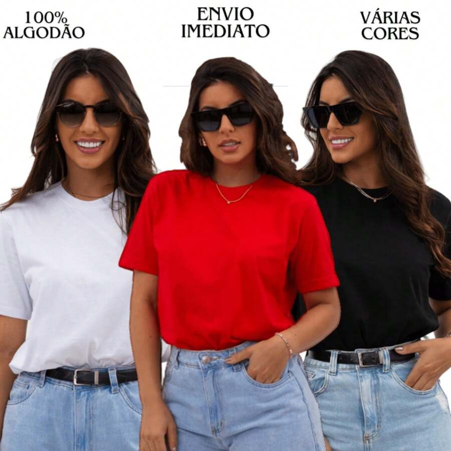KIT 3 TSHIRTS BASIC PLAIN T-SHIRT FOR WOMEN 100% COTTON T-SHIRT T-SHIRTS - White/Red/Black - View 1