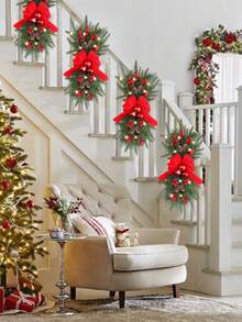 1pc, 17.71inch Christmas Wreath Hanging Decoration Staircase Red Rattan Bow Wreath Pine Cones Decoration Home Decoration Props Festive Atmosphere Venue Layout Props - Multicolor - View 5