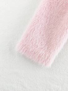 2pcs Baby Girls Casual Pink Furry Jacket And Ribbed Camisole Jumpsuit, Elegant And Fashionable - Pink - View 7