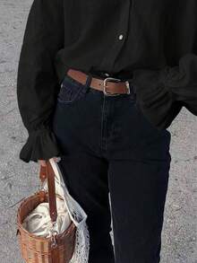 2026初秋新款休閒優雅度假約會返校街頭風荷葉邊燈籠袖前排扣襯衫，黑色 - 黑色 - 查看 5