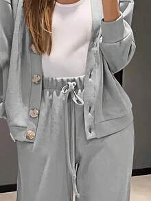 2pcs Women Sports & Casual Knit Button-Up Jacket And Drawstring Pants Set - Grey - View 5