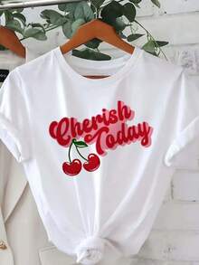 Women's Casual Short Sleeve Crewneck T-Shirt - Cherry Graphic Print With Cherish Today Red Cursive Lettering, White Summer Spring Top, Relaxed Fit, Machine Washable, Ladies T Shirts, Playful Design, Smooth Texture Fabric - 白色 - 查看 1
