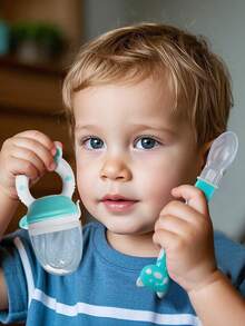 KUNT 1 件婴儿水果咬咬玩具，可爱小猪图案，彩色硅胶网袋，防噎住防窒息，神奇婴儿水果喂食器，出牙和缓解压力