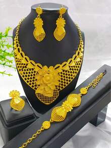 4pcs Women's Gold-Plated Hollow Flower Necklace, Earrings, Bracelet, Ring Jewelry Set, Suitable For European, Middle Eastern, Dubai, African Bride, Wedding, Party, Date, Prom, Mother's Day, Birthday, Halloween, Holiday Gift