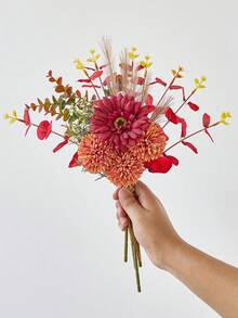 1 Bunch Artificial Flowers Mixed Silk Dandelion Eucalyptus Chrysanthemum Flower Bouquets Fake Flowers For Fall Decor Home Wedding Room Decor Table Centerpieces - Red - View 4