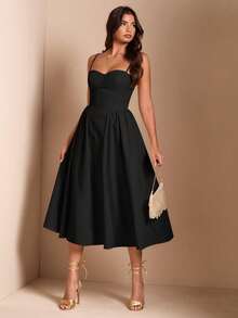 Women's Solid Color Strapless Dress, Inspired By Vintage Style, With A Shaping Bustier Design, Suitable For Everyday Wear Or As A Special Occasion Dress. - 黑色 - 查看 1