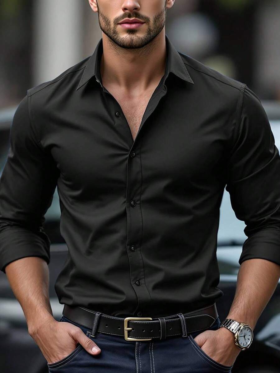 Men's Solid Color Lapel Collar Dress Shirts, Casual Long Sleeve Button Down Shirt For Formal Occasions - 查看 1