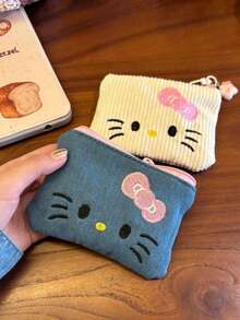 Sanrio 1 pieza Monedero bordado con gato Kitty de Sanrio, bolsa de almacenamiento mini, bolsa cosmética portátil, bordado de alta calidad para mujer, billetera mini, monedero, billetera de viaje de otoño, monedero para monedas, monedero para dinero, estilo Y2K