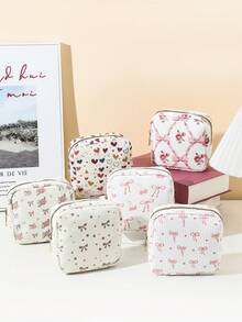 1pc Pink Bow Floral Print Sanitary Napkin Pouch, Mini Cosmetic Bag, Multifunctional Sanitary Napkin Organizer, Compact Square Bag, Women's/Girls' Travel Cosmetic Case, Cute Zipper Pouch Coin Purse, Campus Style, Suitable For School, Work, Travel, Makeup Bag, Skincare Bag, Toiletry Bag, Packaging Box, Travel Essentials