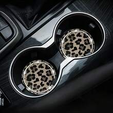 2pcs Leopard Print Rhinestone Decorated Car Cup Holders, Car Interior Decor - one-size - View 3