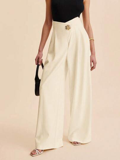 Plain Zipper Closure Casual Office Pants