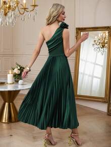 Rochie elegantă din satin cu un singur umăr, cu fundă 3D, fustă evazată, plisată, cu talie înaltă, în linie A, cu crăpătură laterală, potrivită pentru petrecere, banchet, nuntă, domnișoare de onoare