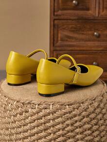 Giày cao gót Mary Jane màu cà phê mũi vuông 3cm, thích hợp đi làm, đi chơi, tiệc tối, màu đen cổ điển, giày bệt kaki thời trang thường ngày - Màu vàng - Xem 6