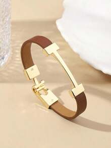 1pc Fashionable Gold Letter Leather Bracelet/Wristband, Elegant Girlfriend - Cà phê - Xem 1