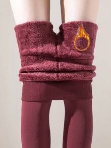 女士保暖打底裤，柔软天鹅绒面料，弹力收腰九分裤，冬季保暖舒适 - 中紫紅色 - 查看 7