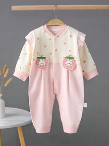 Baby Girl Jumpsuit, Princess Style Infant Jumpsuit, Autumn/Winter Baby Clothes, Cute Floral Ruffled , 3-6 Months - Pink - View 12