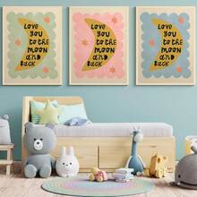 1/3 buc, Tablou de perete pe pânză, Decor de perete înrămat, Decor pentru camera copiilor, Te iubesc până la lună și înapoi, Decor de perete roz, verde, albastru, Cadou pentru bebeluși, Decor pentru creșă, Decor pentru preșcolari, Cadou de ziua de naștere, Decor de sărbători pentru copii