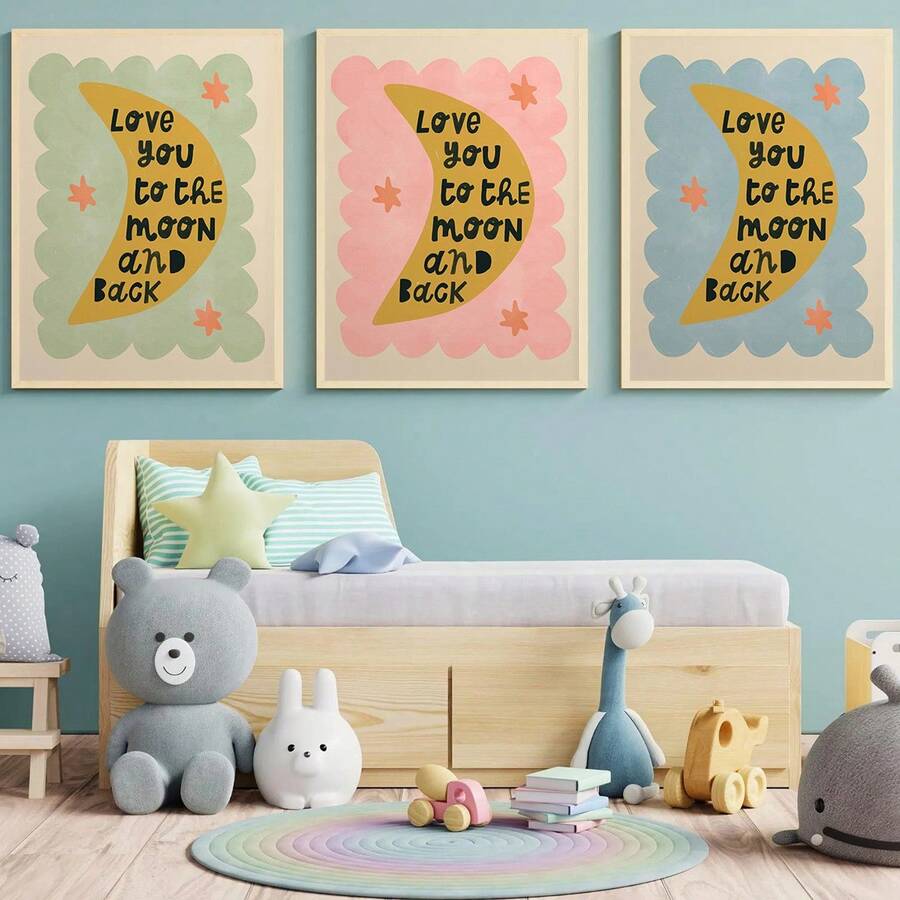 1/3 buc, Tablou de perete pe pânză, Decor de perete înrămat, Decor pentru camera copiilor, Te iubesc până la lună și înapoi, Decor de perete roz, verde, albastru, Cadou pentru bebeluși, Decor pentru creșă, Decor pentru preșcolari, Cadou de ziua de naștere, Decor de sărbători pentru copii