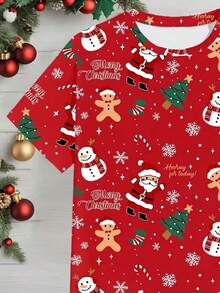 圣诞节青年图案短袖 T 恤 - 红色涤纶混纺，圣诞老人、雪人和姜饼设计，圆领，可机洗，有趣的圣诞衬衫 - 彩色 - 查看 3