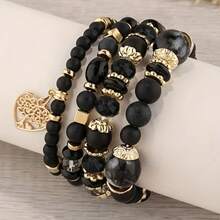 Multi-Layer Boho Heart Charm Acrylic Women Bead Bracelet 4Pcs/Set Synthetic December Birthstone Bohemian Style Colorful Handcrafted Beaded Stackable For Daily, Mardi Gras, Party Wear, Gifts - 黑色 - 查看 1