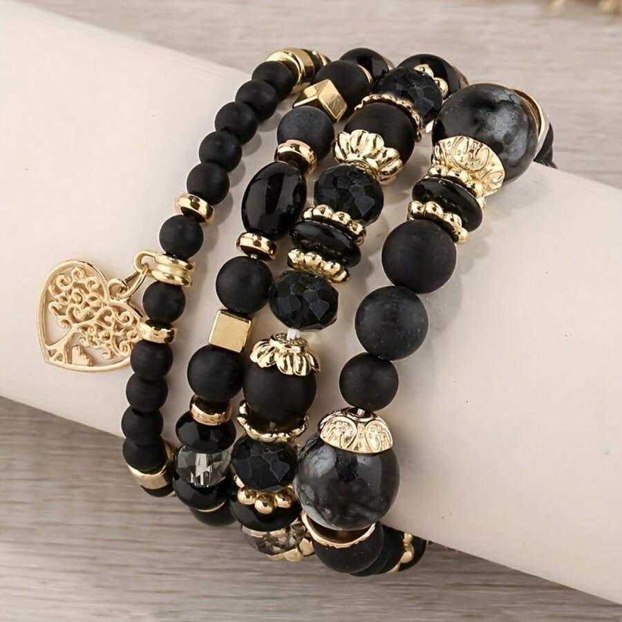 Multi-Layer Boho Heart Charm Acrylic Women Bead Bracelet 4Pcs/Set Synthetic December Birthstone Bohemian Style Colorful Handcrafted Beaded Stackable For Daily, Mardi Gras, Party Wear, Gifts - 黑色 - 查看 1