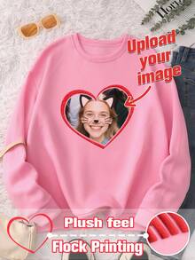 Customized Sweatshirt - Flocked Printing Personalized Design, Upload Your Own Text, Letters, Slogans, Women's Fashion Versatile Comfortable Sweatshirt, Suitable For Autumn, Winter, Spring Daily, Sports, Crew Neck, Pullover, Outdoor Casual Cute Sweatshirt