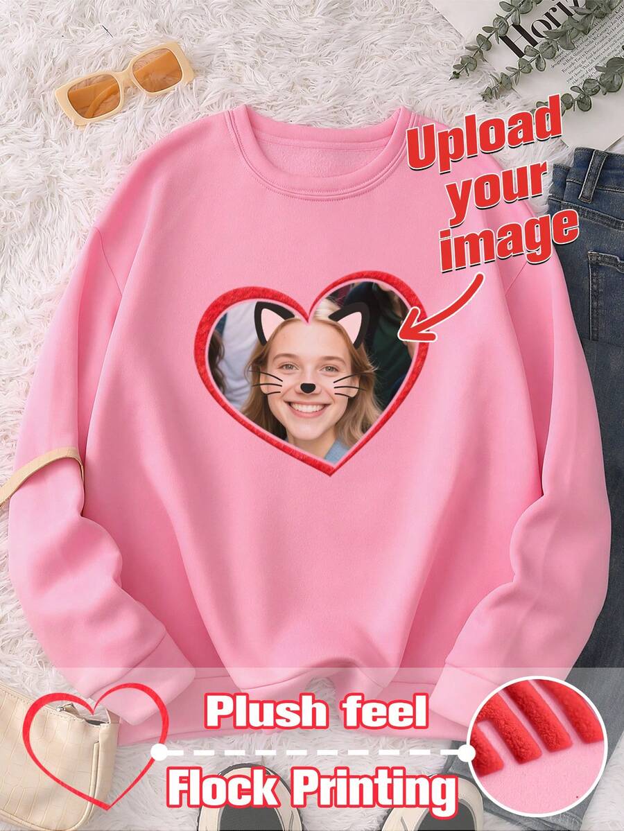 Customized Sweatshirt - Flocked Printing Personalized Design, Upload Your Own Text, Letters, Slogans, Women's Fashion Versatile Comfortable Sweatshirt, Suitable For Autumn, Winter, Spring Daily, Sports, Crew Neck, Pullover, Outdoor Casual Cute Sweatshirt