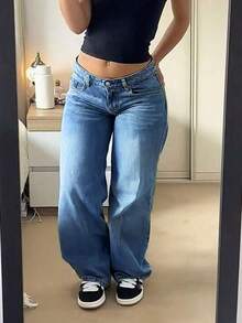 Nowe modne jeansy vintage z szerokimi nogawkami dla kobiet, luźne, proste, do połowy tali, uniwersalne na cały sezon - Ciemny jeans - Zobacz 8