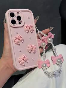 1 pieza Funda de teléfono con lazo 3D rosa y perlas, con pulsera a juego, compatible con iPhone 16/16PRO/16E/15 14 13 12 Pro Max Plus 11/XR, funda protectora a prueba de golpes para mujeres, compatible con la serie
