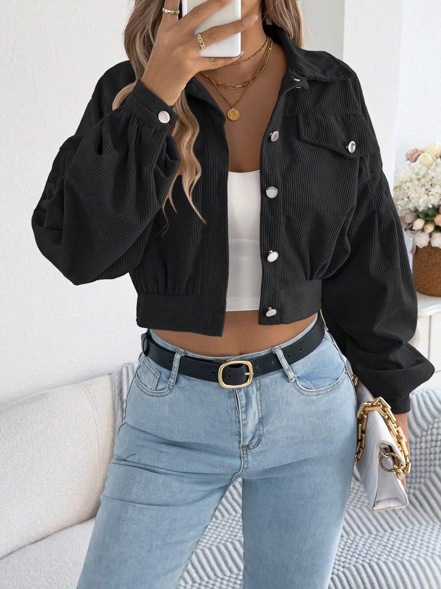 Casual Personalized Street Lantern Sleeve Corduroy Long Sleeve Short Jacket, Spring/Autumn - Black - View 1