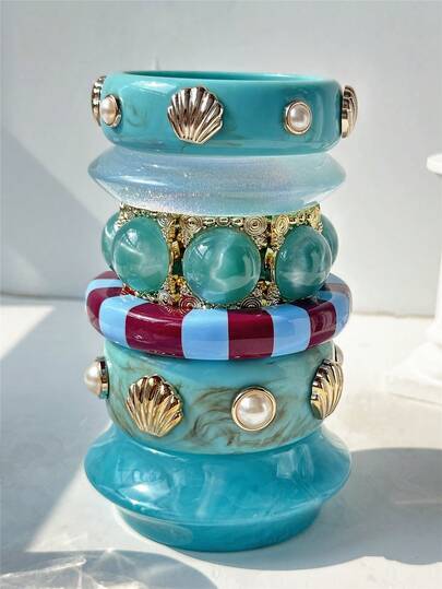 1pc Vintage Blue Faux Pearl Shell Asymmetrical Wide Resin Bracelet, Gold Elastic Bracelet, Striped Patchwork Bracelet, Women Casual Jewelry