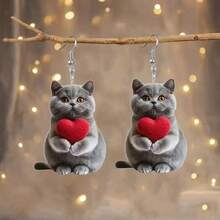 1 Pair Cute 2D Acrylic Blue Cat & Heart Shaped Cartoon Earrings, Suitable As Gift