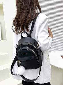 LECEY 女士休闲时尚简约背包，带绒球吊坠 - 黑色 - 查看 2