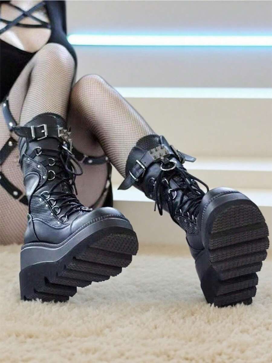 Women's Punk Platform Boots Gothic Round Toe Wedge Heel Lace-Up Mid Calf Boots Studded Metal Buckle Decor All-Season Combat Cosplay Halloween Dress Shoes - 黑色 - 查看 1