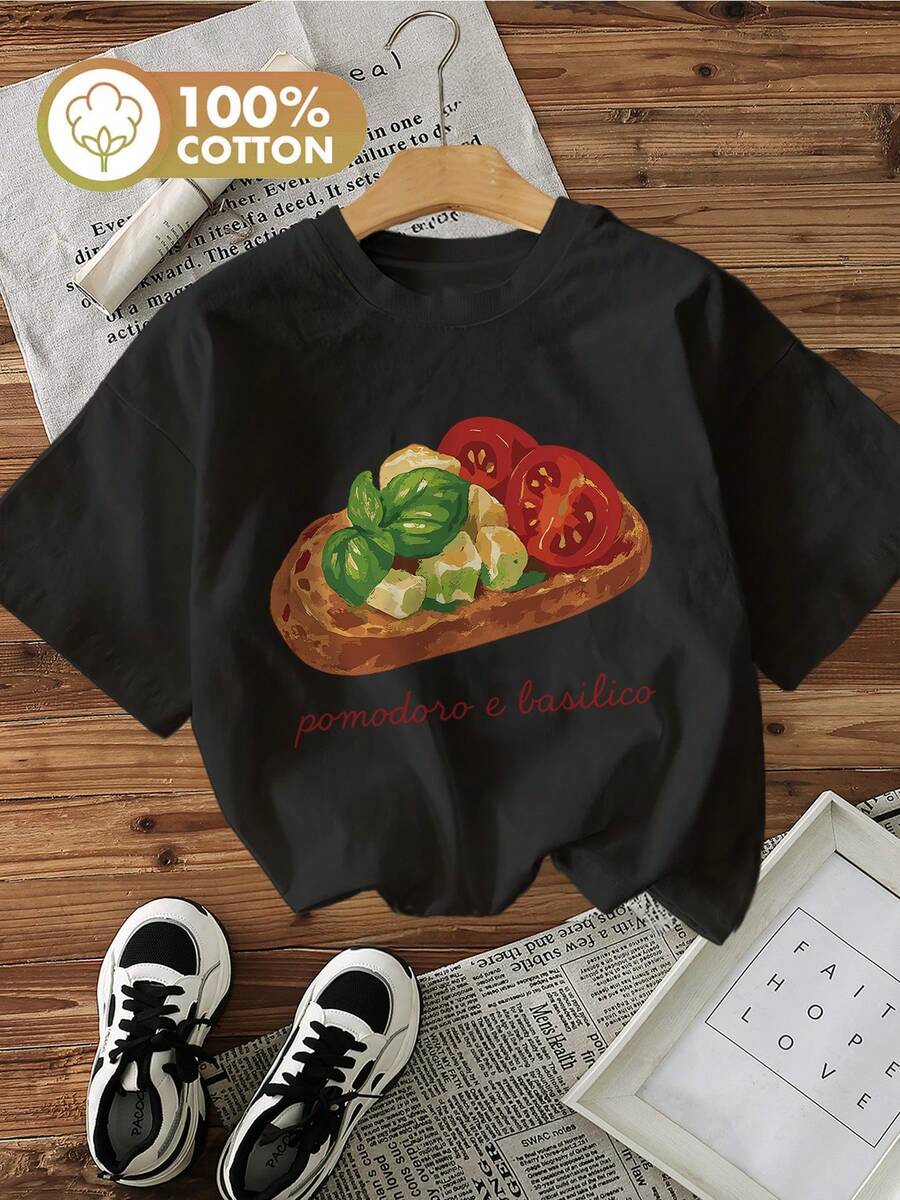 Women's Italian Pasta Graphic T-Shirt - Dark Olive Green Crew Neck Top With Tomato, Basil & Bread Design - Soft Everyday Casual Shirt For Women - Machine Washable Apparel, Relaxed Outfit, Foodthemed Apparel, Breathable Tee, Short Sleeve Tee, Fashion Lovers - Black - View 1