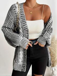 成熟优雅的欧式时尚拼色宽松大码女式开衫，百搭长袖针织毛衣